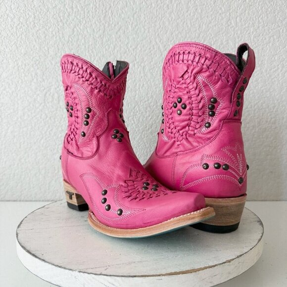 Lane COSSETTE Womens Cowboy Booties 8 Western Cowgirl Short Boots Pink Leather - Picture 1 of 13